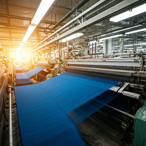 Cinematic shot of industrial textile looms weaving high-quality blue fabric
